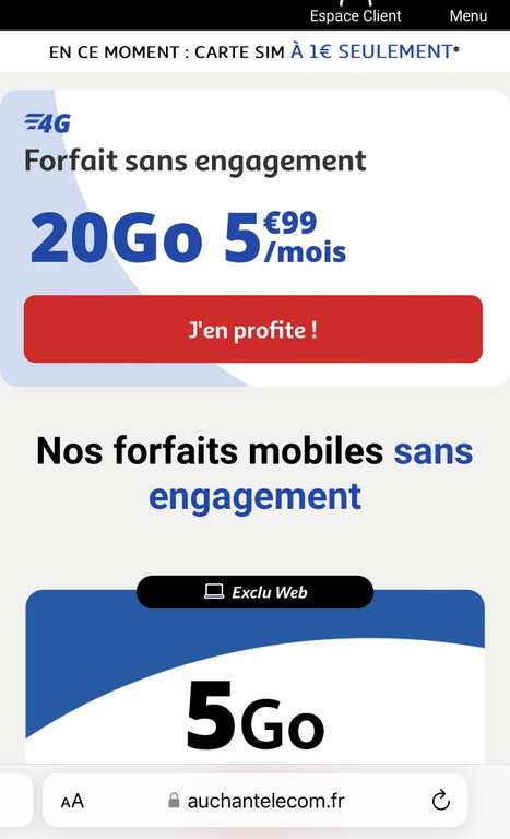 Forfait mobile 4G Auchan Télécom - Appels/SMS/MMS illimités + 5Go de DATA en France/EU/DOM - sans condition de durée (sans engagement)