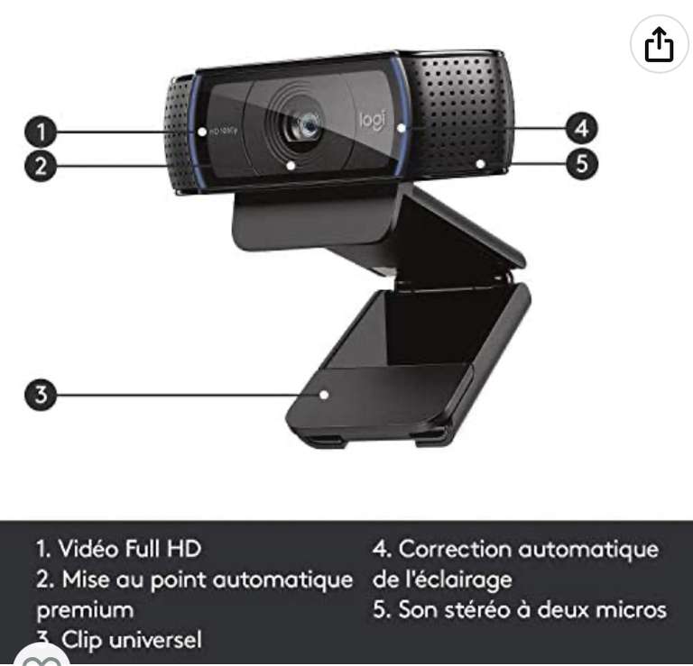 Webcam Logitech HD Pro C920 Refresh - Full HD 1080p, 2 Microphones intégrés
