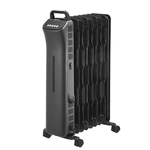 Radiateur chauffant numérique portable à huile Amazon Basics avec 9 ailettes ondulées ECO-Fins et télécommande, 2000 W, Noir