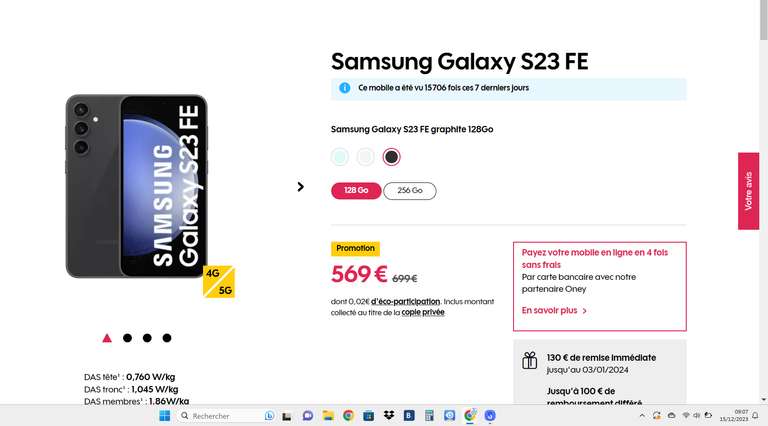 Clients Sosh/Orange] Smartphone 6.4 Samsung Galaxy S23 FE + Ecouteurs Buds  FE (Via bonus reprise 70€ + ODR 100€) –