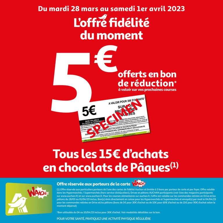 [Carte fidélité] 5€ offerts en bon de réduction tous les 15€ d'achat sur le chocolat de Pâques