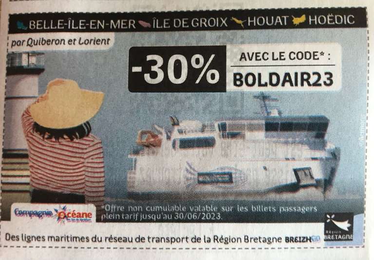 30% de réduction sur le Plein Tarif passager pour un Trajet sur les lignes maritimes (compagnie-oceane.fr)