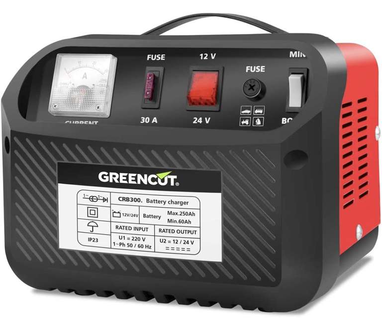 Chargeur de batterie Multifonctions Greencut CRB300 - 12V/24V avec fusible 30A pour voiture et moto (Vendeur Tiers)