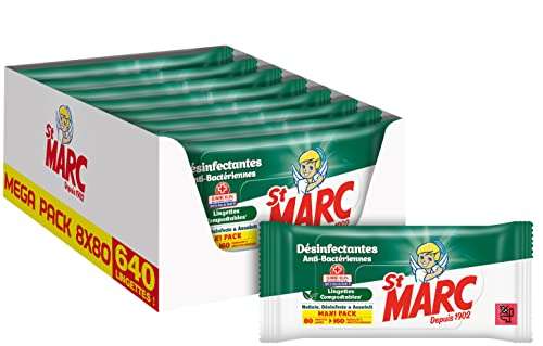 Lot de 8×80 lingettes antibactériennes et désinfectantes St-Marc - compostable (12,66€ via coupon)