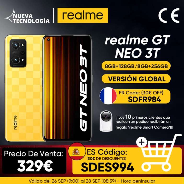 Smartphone ‎6.62" Realme GT NEO 3T - FHD+ AMOLED 120Hz, Snapdragon 870, 8 Go RAM, 128 Go, SuperDart 80W