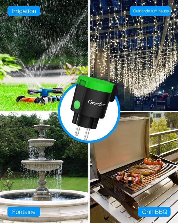 GreenSun Prise Connectée Extérieure Étanche IP44 WiFi Alexa – Mesure Conso Énergie, Minuterie & Commande Vocale, Idéale Jardin & Terrasse