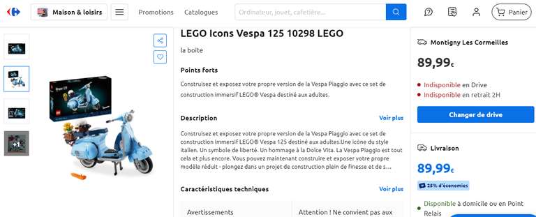 LEGO 10298 Icons Vespa 125 (Via 22,50€ cagnottés)