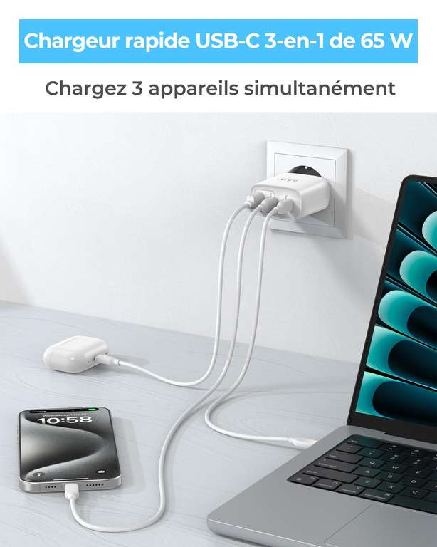 Chargeur Mural Rapide 65W 3 Ports USB/USB-C Blanc - Charge Ultra Rapide Téléphone, Tablette, IPad