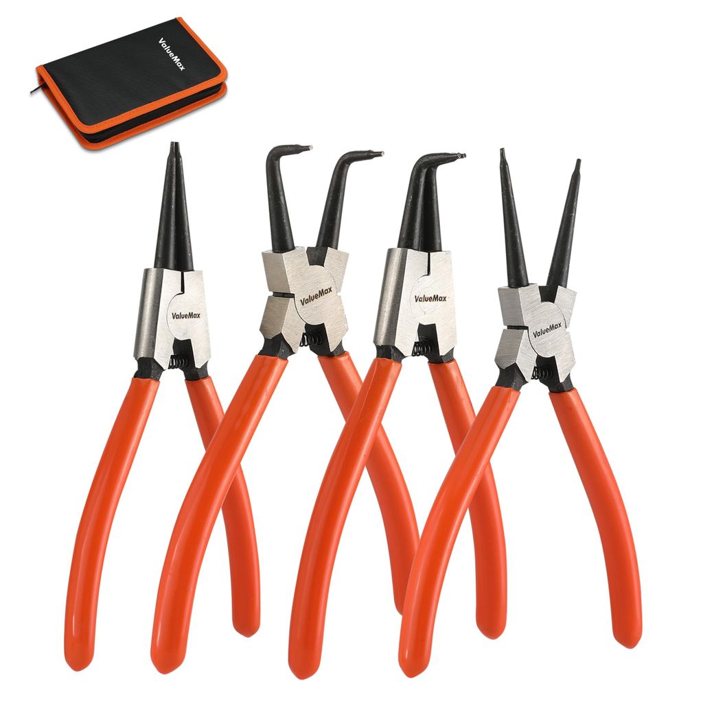 Jeu de 4 pinces à circlips ValueMax - Interne et externe, droites et coudées 90°, longueur 180 mm, étui zippé inclus