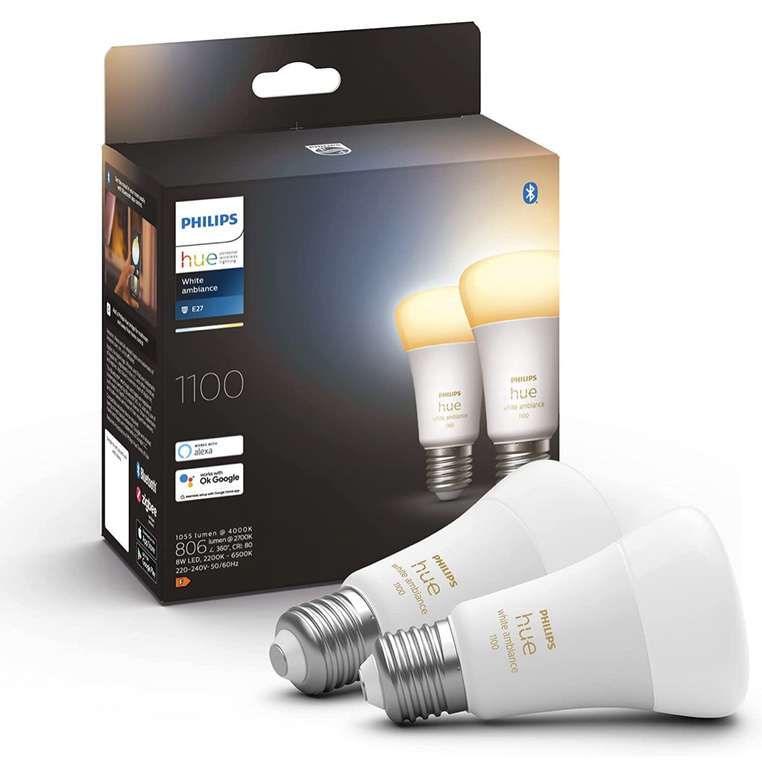 Lot de 2 ampoules LED E27 Philips White Ambiance - 8 W, 1055 lumens
