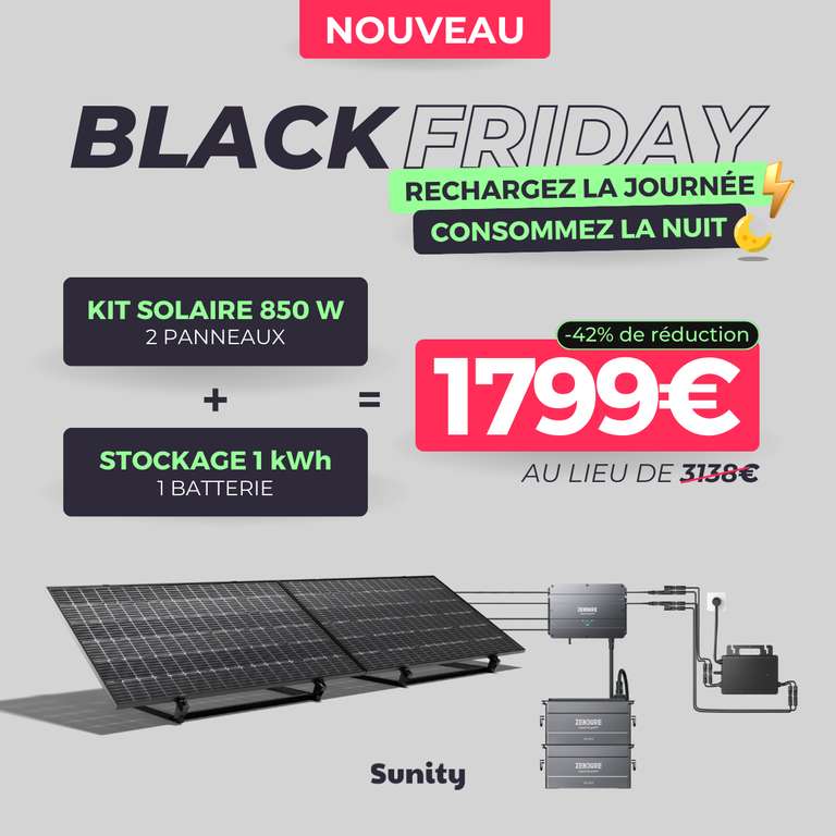 Kit solaire plug and play double face 850 W + 1 batteries 1 kWh (sunity.fr)