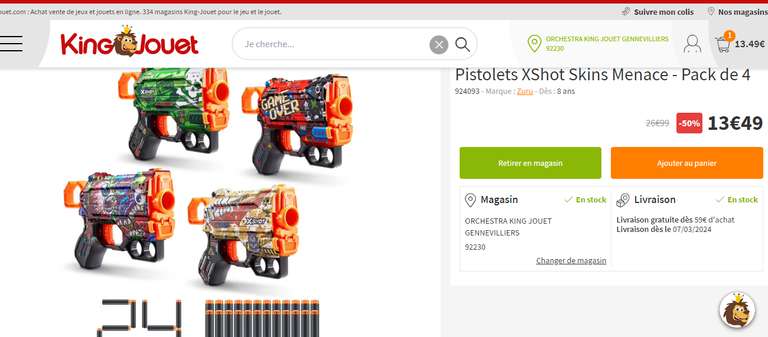 Pistolets XShot Skins Menace - Pack de 4+24 fléchettes