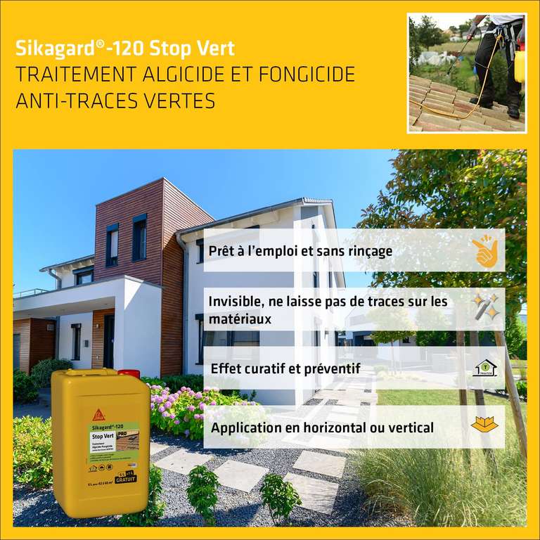 Traitement algicide et fongicide anti-traces vertes - Sikagard 120 Stop Vert, 6L
