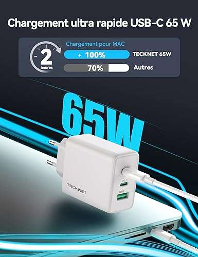 Chargeur USB C Tecknet - 65W GaN Tech avec 3 en 1 (Via Coupon - Vendeur Tiers)