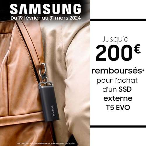 SSD Externe Samsung T5 EVO - 4 To, Jusqu'à 460 Mo/s, USB-C 3.2 (via ODR 100€)
