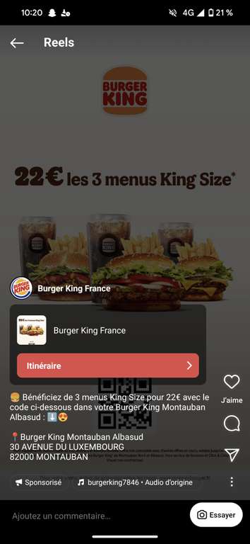 3 menus King Size pour 22€ - Montauban Nord et Albasud (82)