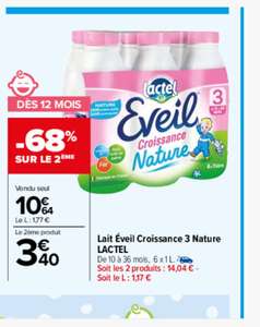 Lot de 2 packs de 6 bouteilles de lait Lactel Eveil Croissance 3 Nature - 12 x 1 L