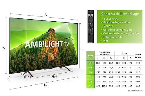 TV 65" Philips 65PUS8108 (2023) - 4K, LED, Dolby Vision & Atmos, Ambilight 3 côtés, ALLM/VRR, P5, Smart TV