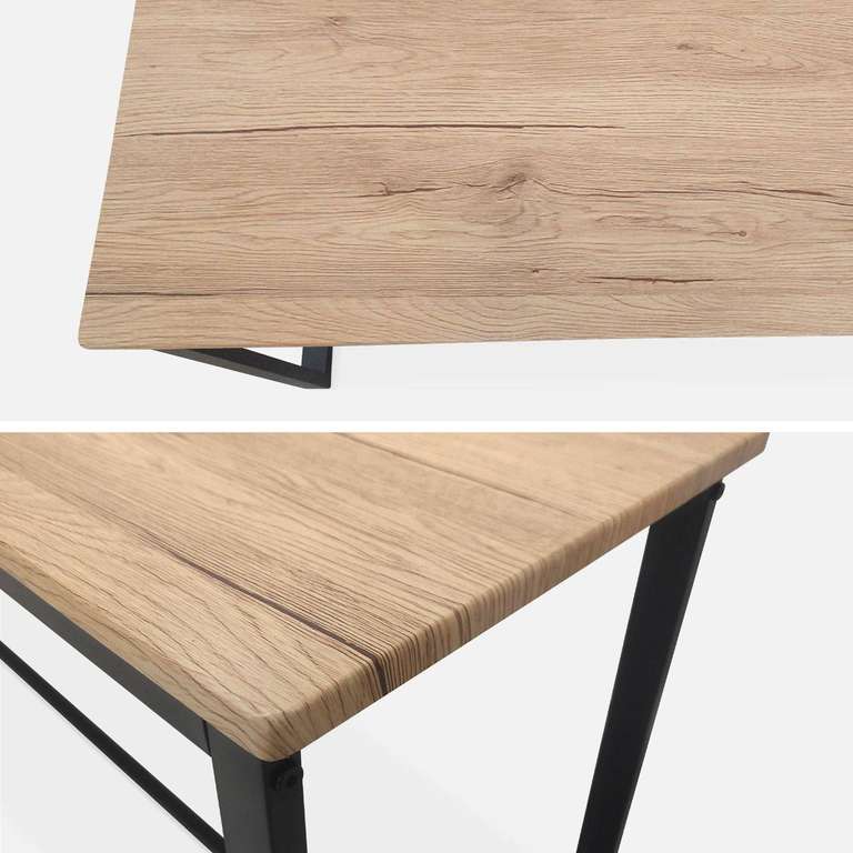Table Loft L140 x l80 x H75cm + 2 bancs L120x l35 x H46cm - Armature acier noir, Plateaux coloris chêne clair