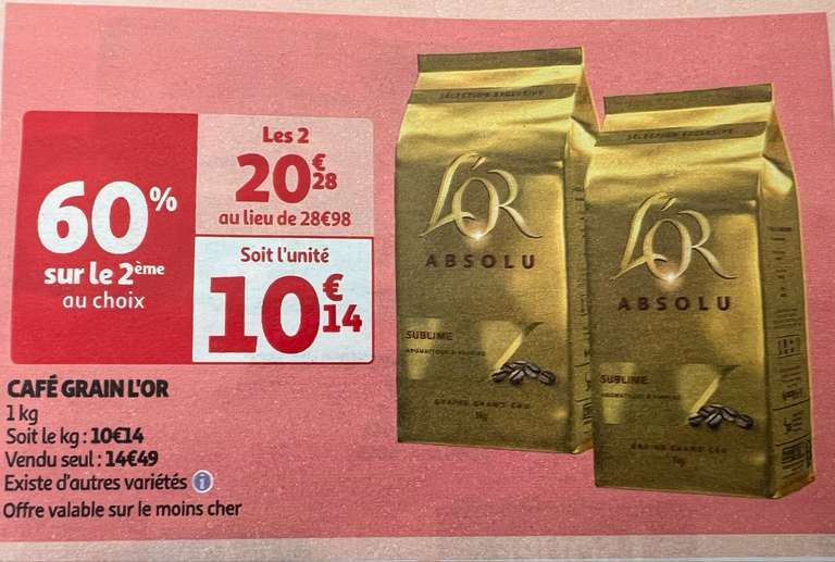 Café grains L'Or Absolu L'OR : les 5 paquets de 1Kg à Prix Carrefour