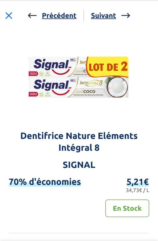Lot de deux tube de dentifrice Signal Nature Elements Intégral 8 (via 3.65€ sur Carte Fidélité)