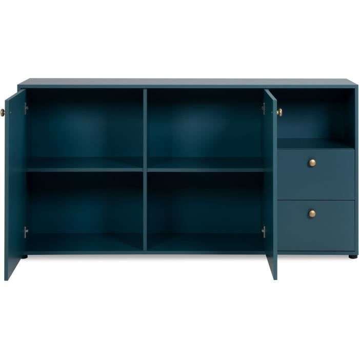 Buffet Pop Color - 2 portes + 2 tiroirs et niche ouverte - 150 x 45 x75 cm - Bleu Pétrole