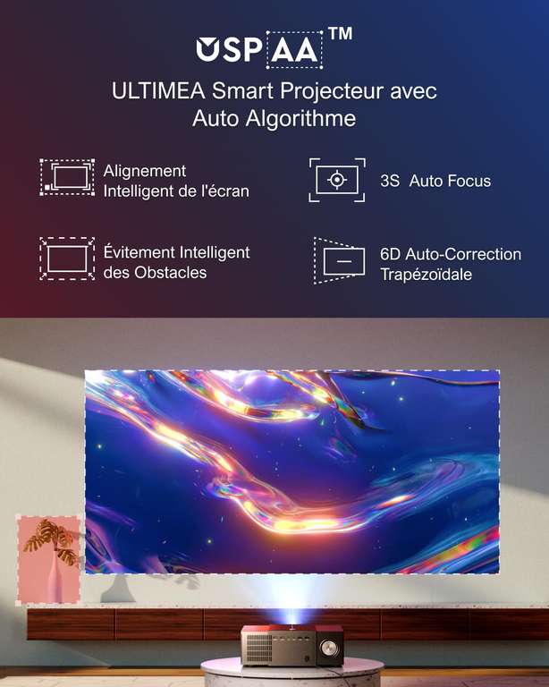 Vidéoprojecteur Ultimea - Full HD 1080p, 4K supporté 900 ANSI, Évitement d'objets, Auto Focus, WiFi (Vendeur tiers)