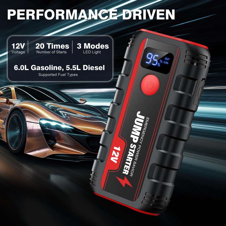 HEMINGSON Booster Batterie Voiture 2000A – Démarreur Portable Jusqu'à 7.0L Essence / 5.5L Diesel – Lampe LED 4 Modes + Chargeur USB
