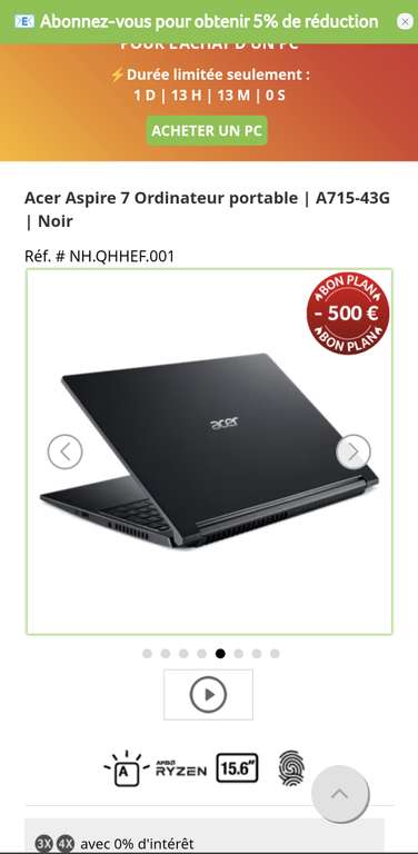 PC Portable Acer Aspire 7 A715-43G - Noir (Via Remise au Panier)