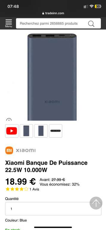 Batterie externe Xiaomi 10000mAh, Charge Rapide 22,5W
