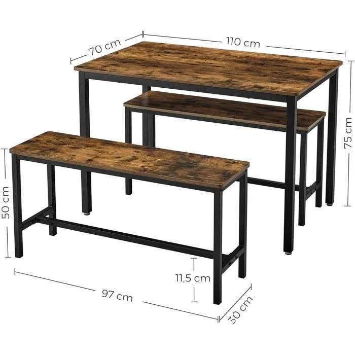 Table à manger Vasagle KDT070B01 110 x 70 x 75cm + 2 bancs 97 x 30 x 50cm - Cadre en acier - Marron rustique et noir (Vendeur tiers)