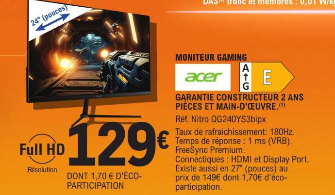 Ecran PC 24" Acer Nitro QG240YS3bipx - FHD, 180Hz, 1ms, Freesync (149€ pour 27")