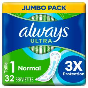 Lot de 32 Serviettes Hygiéniques Always Ultra Jumbo Pack (Via 2.77€ sur la carte de fidélité + 1.50€ de BDR)