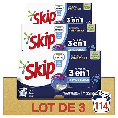 Lot de 3 sachets de 38 capsules de lessive liquide Skip Active Clean 3-en-1  - 3 x 38 capsules (via abonnement et coupon) –