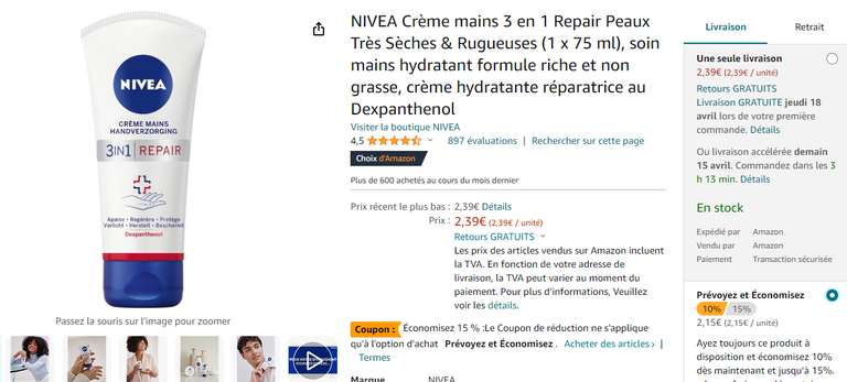 Crème mains Nivea Repair - 1x75ml, 3 en 1 (Via abonnement "Prévoyez et Economisez" et Coupon)