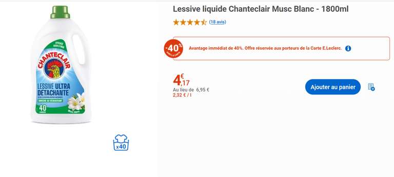 Lessive Chanteclair Lessive liquide Chanteclair Musc Blanc 1800ml – à Leclerc Drive, 4,17 ...
