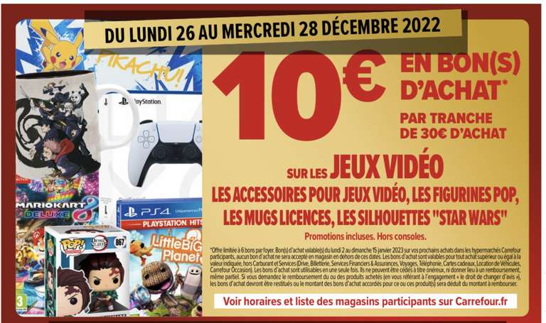 10€ offerts en bon d'achat tous les 30€ sur les Jeux Vidéo et Accessoires (hors consoles)