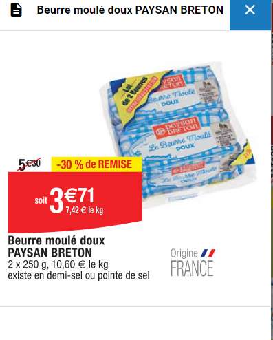 Lot de 2 paquets de beurre Paysan Breton - 2 x 250 gr, doux, demi-sel ou pointe de sel