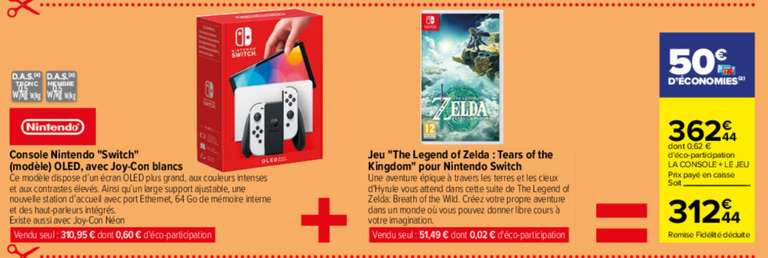 Console Nintendo Switch Oled blanche + jeu Legend of Zelda - Tears of the kingdom (via 50€ sur carte fidélité)