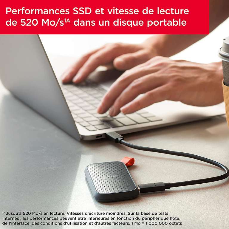 SSD Portable SanDisk (SDSSDE30-1T00-G25) - 1 To, Étanche et Antichoc, Jusqu'à 520 Mo/s