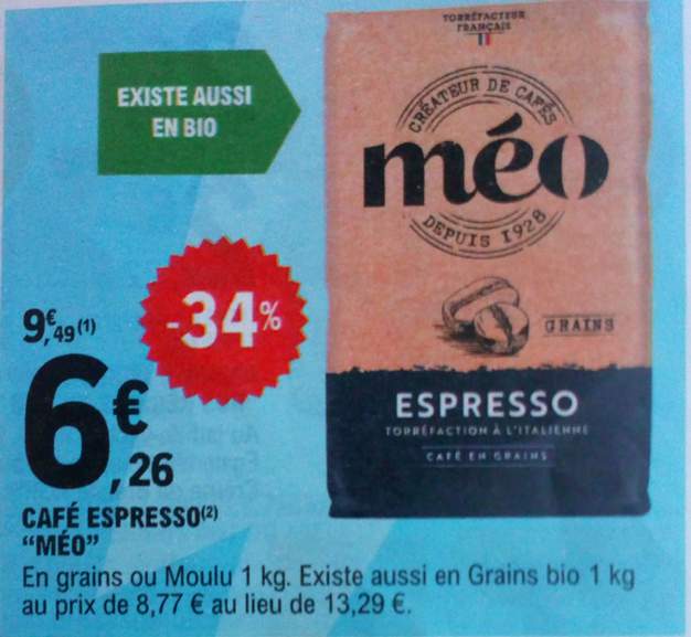 Paquet de café en grains Méo Espresso - 1 kg ( version Bio à 8,77