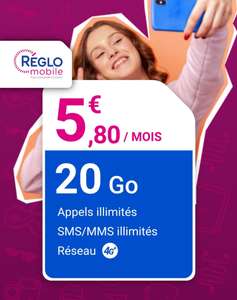 Forfait mobile Reglo Mobile 4G + Appels / SMS / MMS Illimités + 20 Go de Data dont 7 Go en Europe et DOM (sans engagement)
