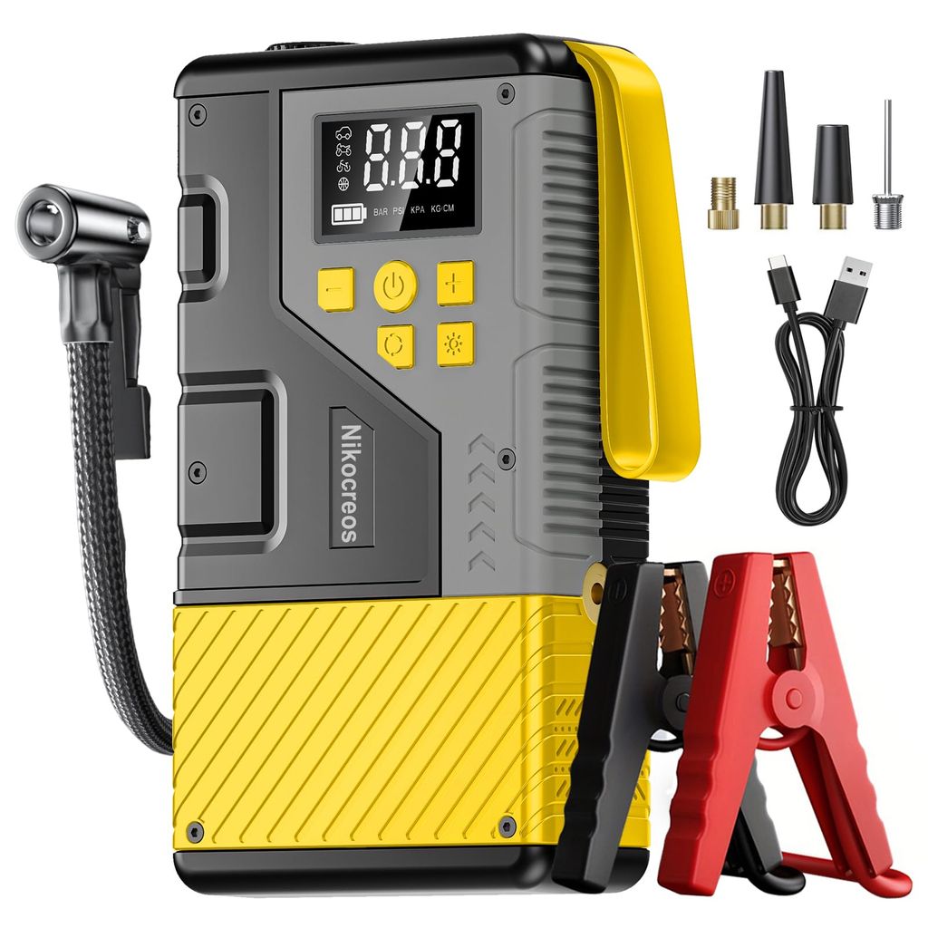 Démarreur de voiture portable avec compresseur d'air Nikocreos - pic de 3000 A et max 150 PSI, lampe LED (vendeur tiers)