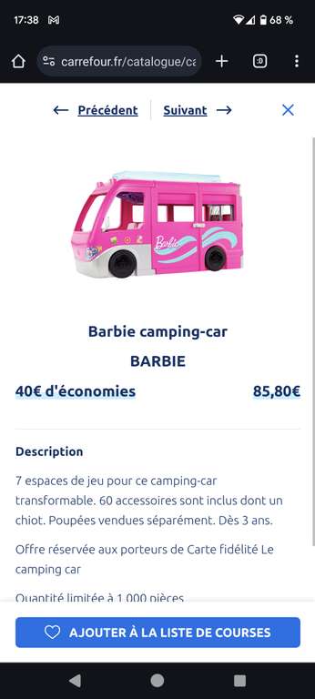 Camping Car Barbie (via 40€ sur la carte fidélité) –