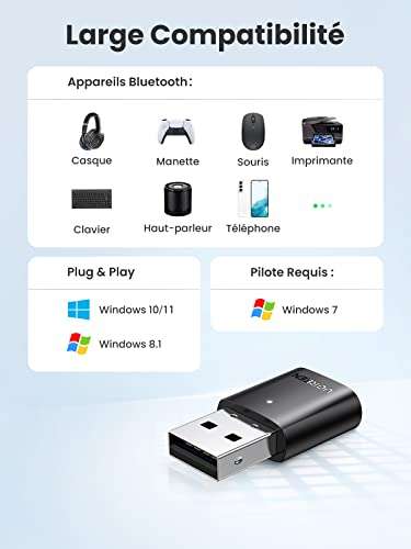Dongle Ugreen Bluetooth 5.0 pour PC - Compatible manettes PS4 / PS5 / Xbox One / Xbox Series X|S / Switch Pro (Vendeur Tiers, via coupon)
