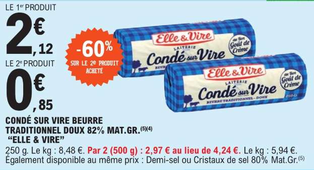 Lot de 2 plaquettes de beurre Elle & Vire - Condé sur Vire - 2 x 250g