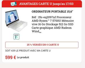 PC Portable 15,6" HP 15S-EQ2097NF - Ryzen 7 5700U, 16Go Ram, 512Go SSD, Win 11 (via 160€ cagnottés)