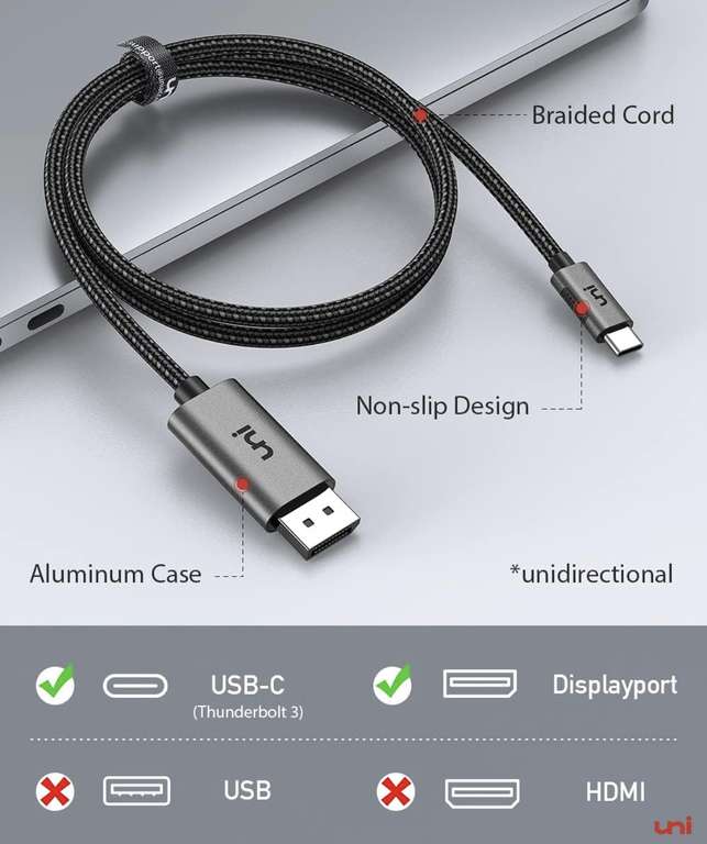 Câble USB-C (Thunderbolt 3) vers DisplayPort - 4K @ 60 Hz / 2K @ 144 Hz, 1.8 mètres (vendeur tiers)