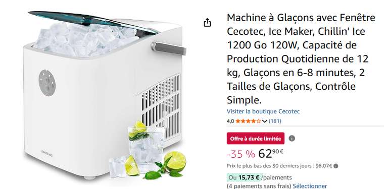 Machine à Glaçons Cecotec Chillin' Ice 1200 - 12kg/24h, Écran Tactile, Auto-Nettoyage | 105W