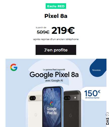 [Client Red by SFR] Smartphone Google Pixel 8a 128Go (via 100€ de remise immédiate + 150€ de bonus reprise + 40€ d'ODR SFR)
